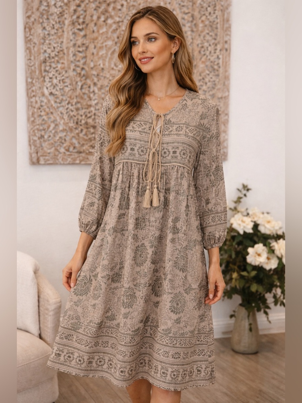 R. Vivimos Cream& Sage Bohemian Floral Flowy Midi Dress, Lightweight Comfy!